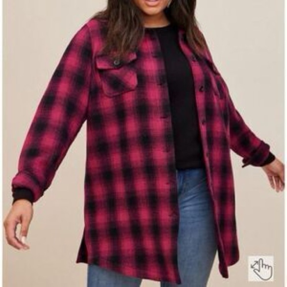 Torrid Pink and Black Plaid Flannel Shirt Jacket